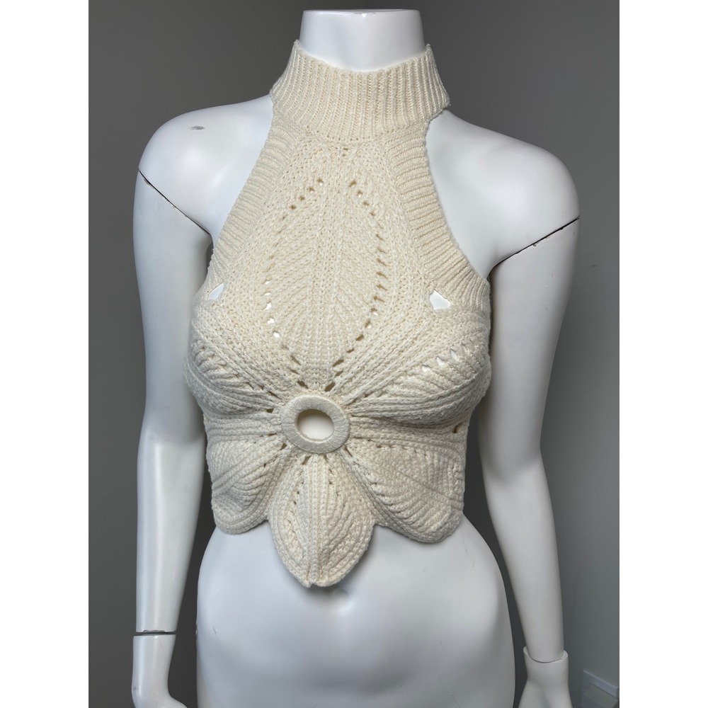 Cream Chunky Knit Flower Halter Top Mock Neck Scalloped Crop Tank Ivory M